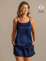 [Mörkblå] SilkSilky-SE 19Momme Silke Spaghetti Rem Camisole Set 001