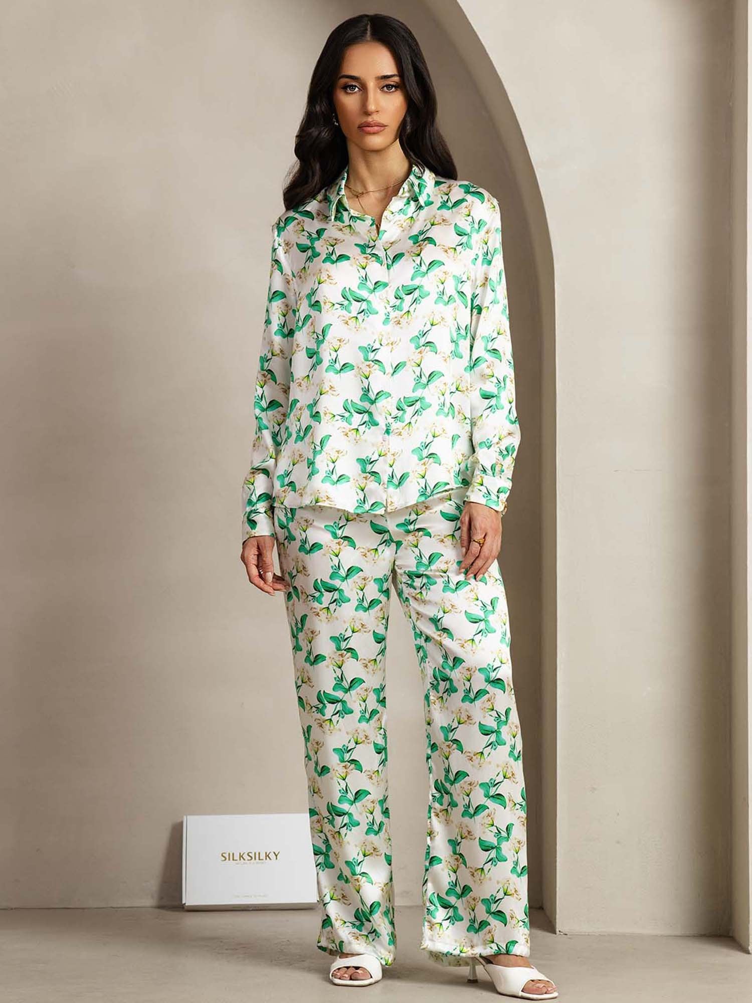 [GrönBlommor] SilkSilky-SE 19Momme Silke Krage Women''s Outfit Sets 001