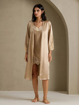 [Champagne] SilkSilky-SE 3/4 Sleeve V Neck Dam Nattlinne&Morgonrock Set 010
