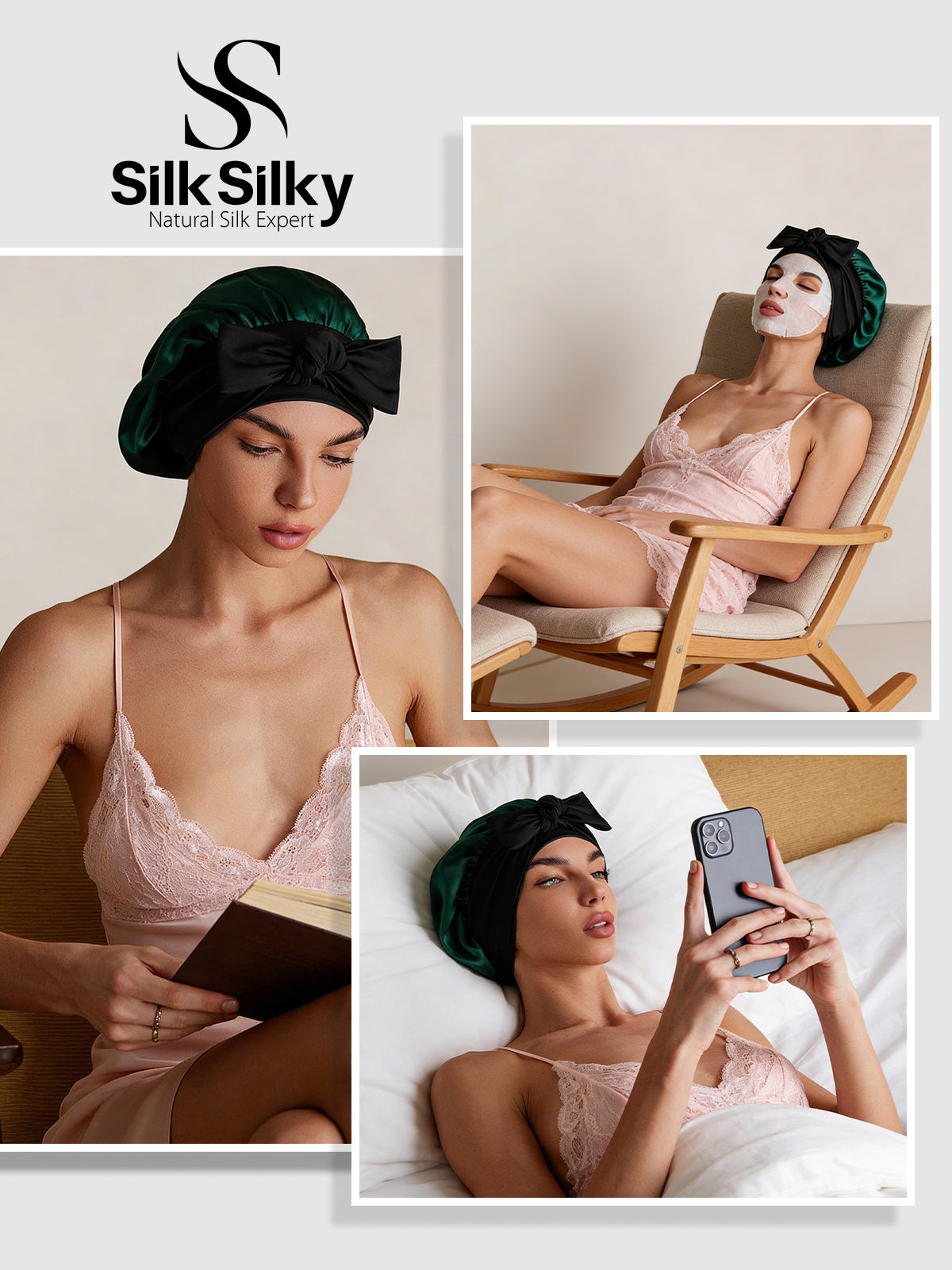 [Mörkgrön] SilkSilky-SE Rent Silke Sleep Cap 005