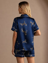 [Marinblå Zebra] SilkSilky-SE Short Sleeve Lapel Collar Dam Pyjama 002