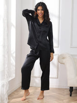 [Svart] SilkSilky-SE Long Sleeve Lapel Collar Dam Pyjama 005