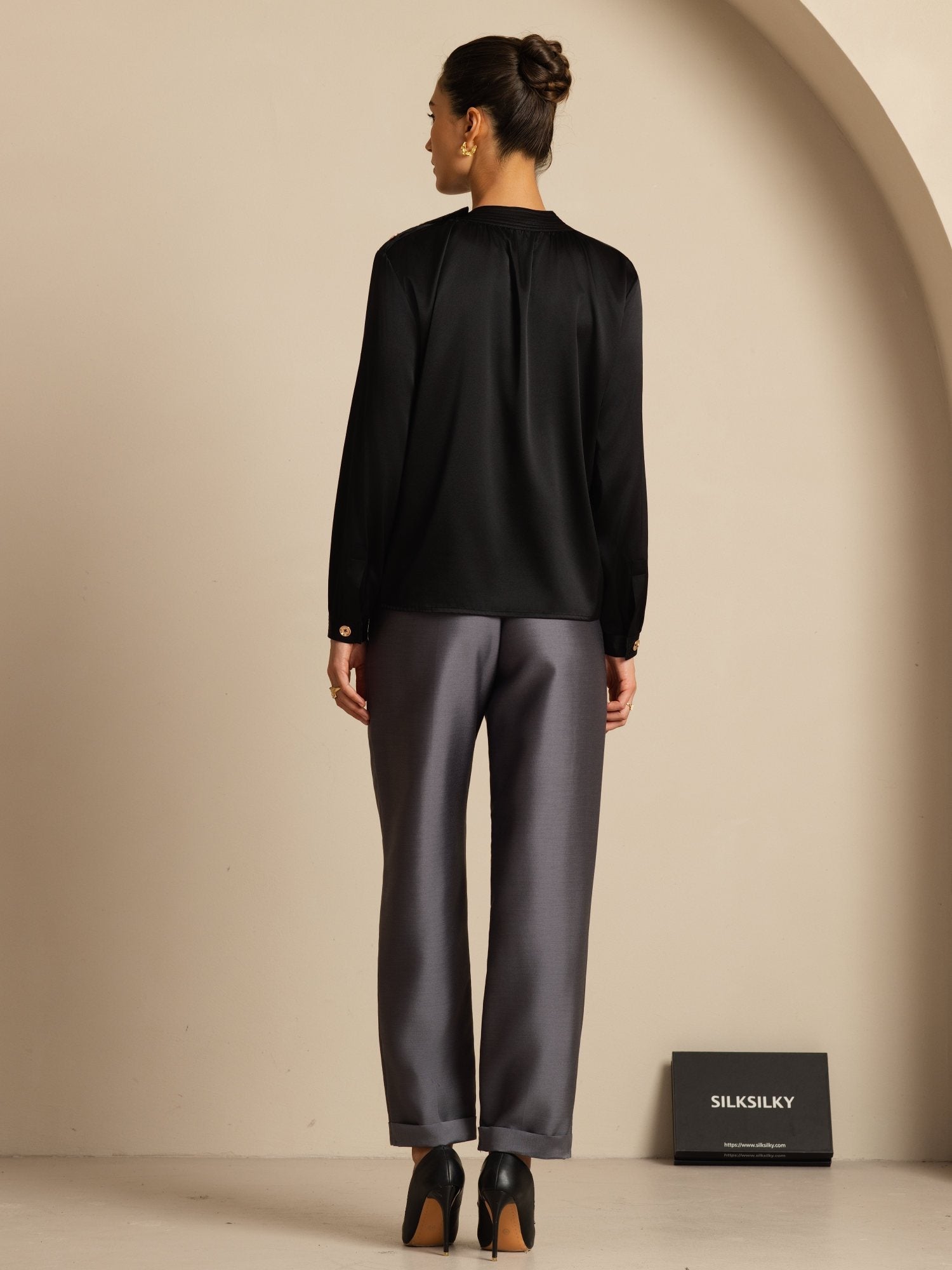 [Svart] SilkSilky-SE 19Momme Silke Lång Ärm Rund Halsringning Blus 002