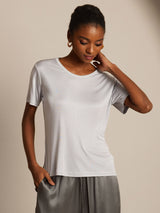 [Silver] SilkSilky-SE Kort Ärm Rund Halsringning Dam T-Shirt 006