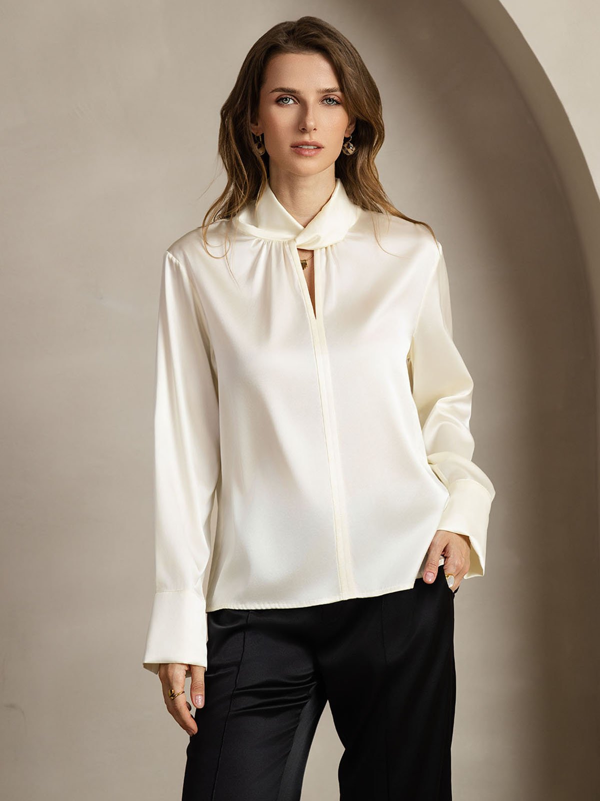 [Elfenben] SilkSilky-SE 19Momme Silke Womens Shirt 001