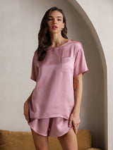 [Blek Mauve] SilkSilky-SE Kort Ärm Rund Halsringning Dam Pyjama 004