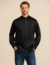 [Svart] SilkSilky-SE Long Sleeve Stand Collar Herrskjorta 001