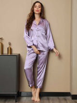 [Lavendel] SilkSilky-SE Lång Ärm Notchkrage Dam Pyjama 003