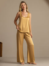 [Tan] SilkSilky-SE 19Momme Ärmlös Djup Rund Halsringning Dam Pyjama 007