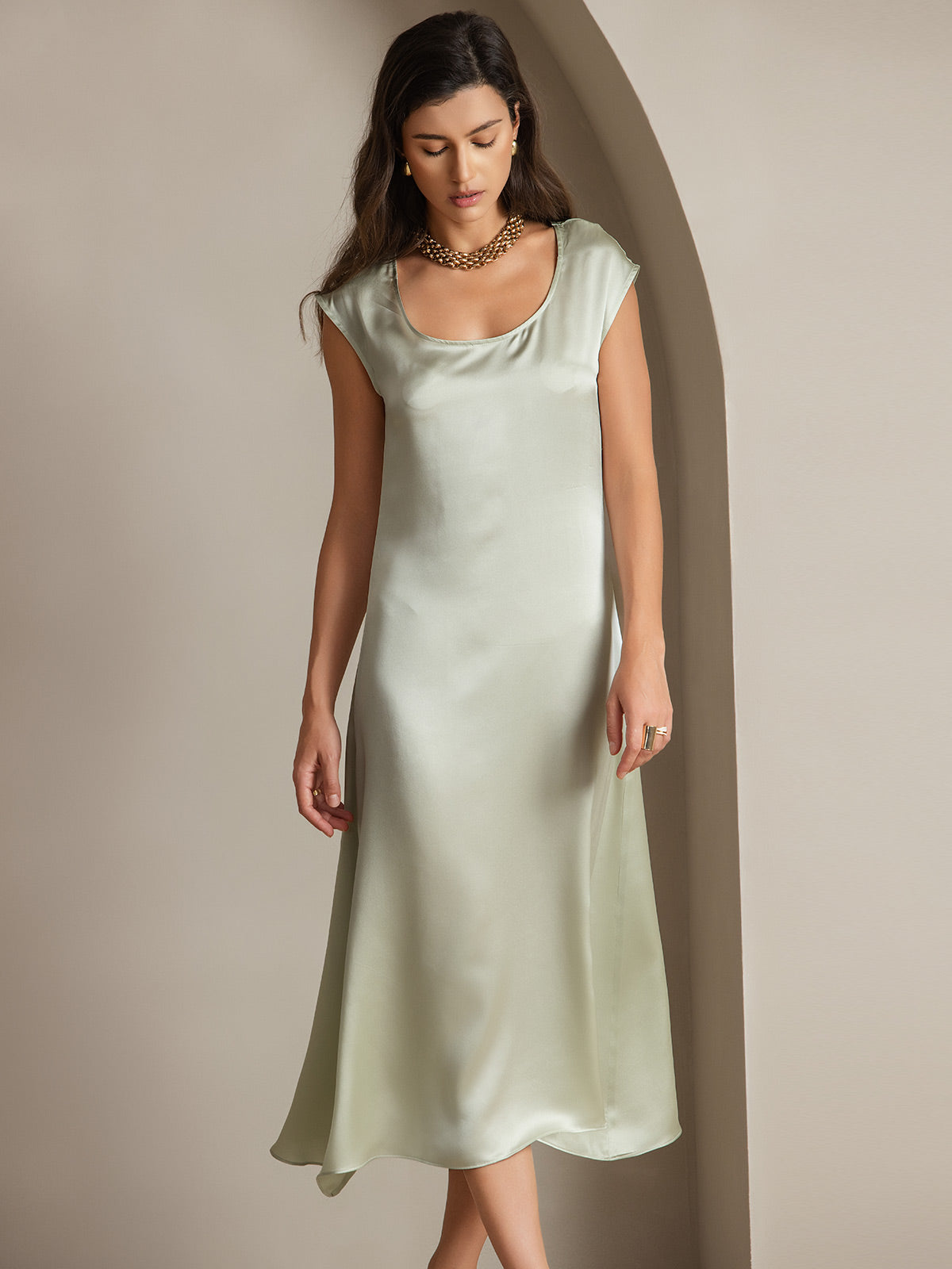 SilkSilky-SE 19Momme Silke Ärmlös Dress Ljusgrön 004