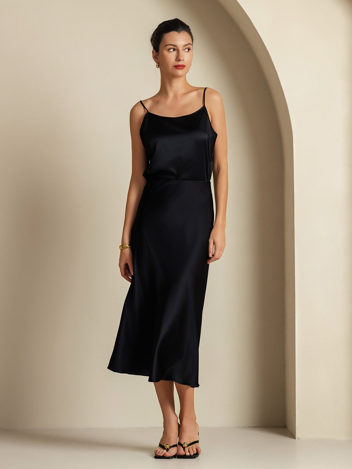 [Svart] SilkSilky-SE 19Momme Rent Silke Womens Outfit Sets 005,
