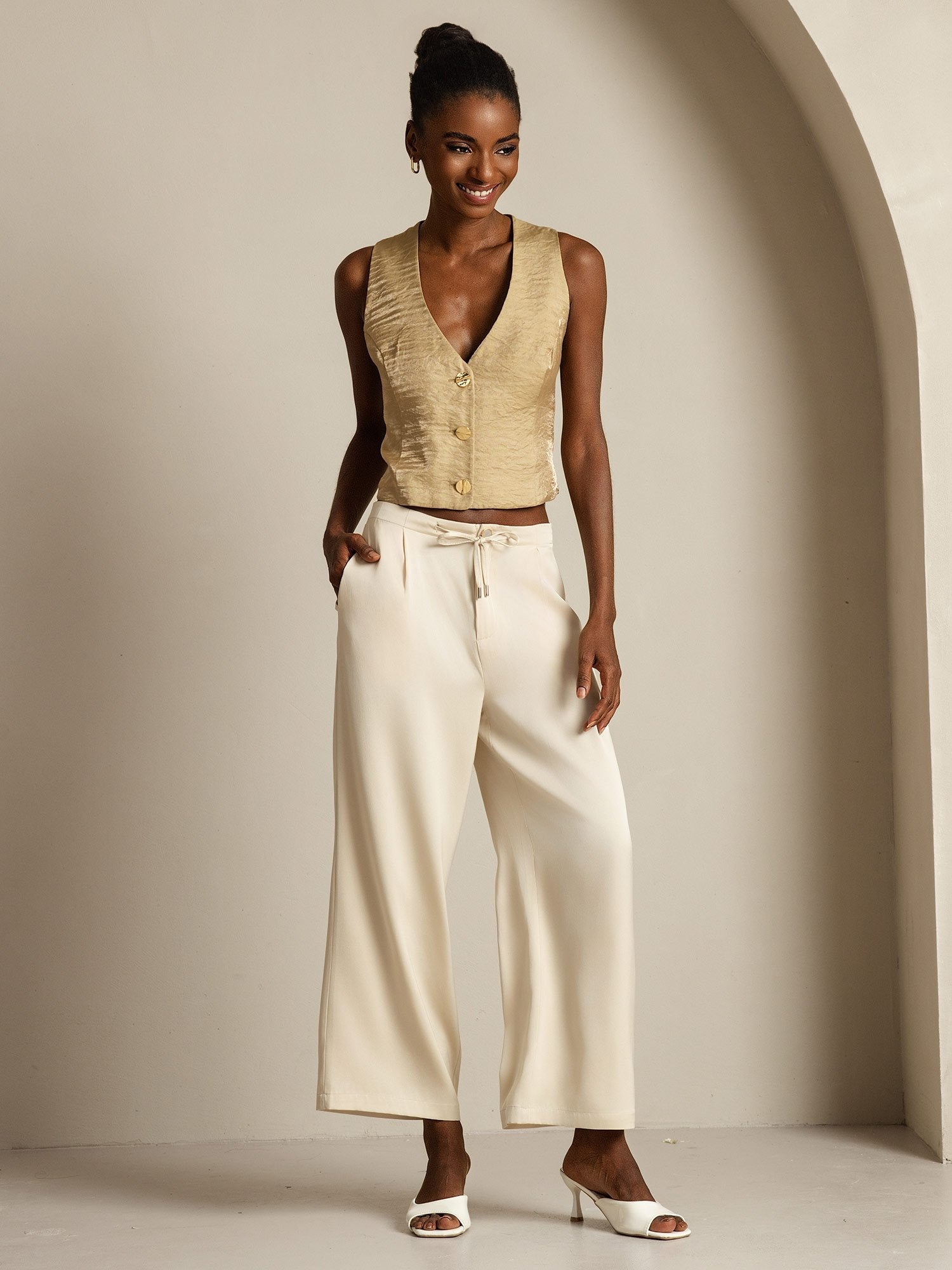 [Beige] SilkSilky-SE 19Momme Silke Womens Pants 008