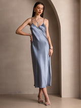 [Gråblå] SilkSilky-SE Spaghetti Strap V Neck Klänning 001