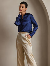 [Mörkblå] SilkSilky-SE Long Sleeve Lapel Collar Damskjorta 005