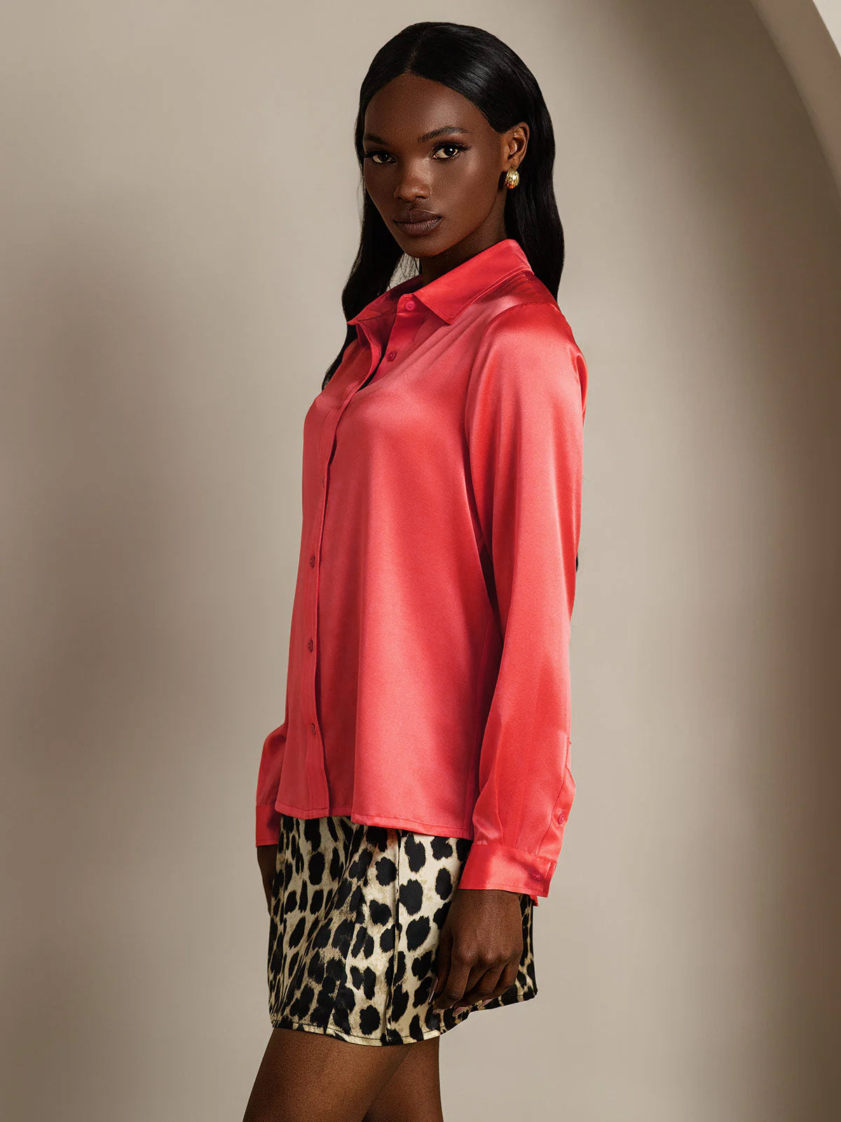 [Kejserligt Röd] SilkSilky-SE 19Momme Lång Ärm Slagkrage Damskjorta 004