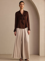 [Mörk Choklad] SilkSilky-SE Long Sleeve Tie Neck Damblusar 006