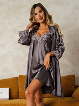 [Lila Grå] SilkSilky-SE 3/4 Sleeve V Neck Dam Nattlinne&Morgonrock Set 001