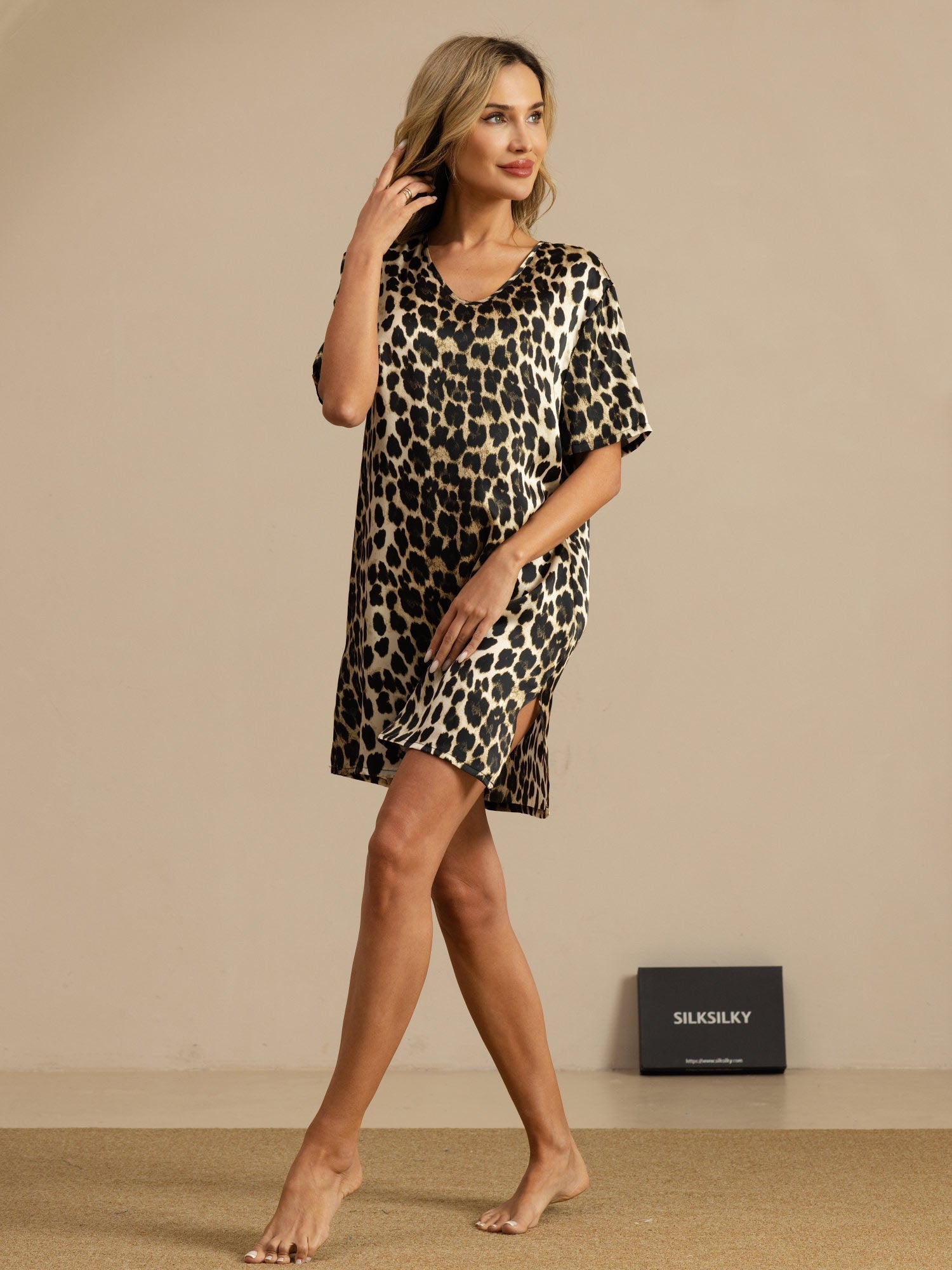 [Leopard] SilkSilky-SE Pure Silk Kort Ärm Nightgown 006