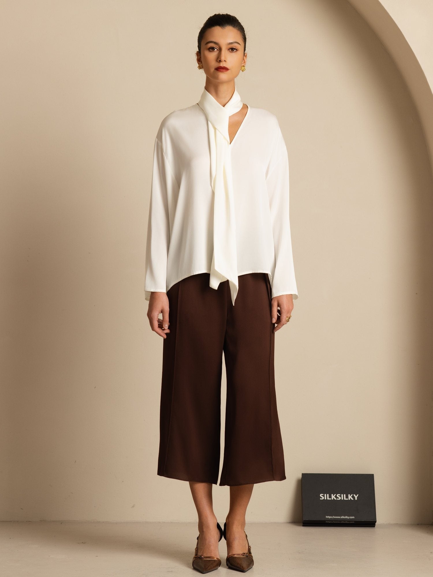 [Vit] SilkSilky-SE 19Momme Silke Lång Ärm V Ringning Blus 008