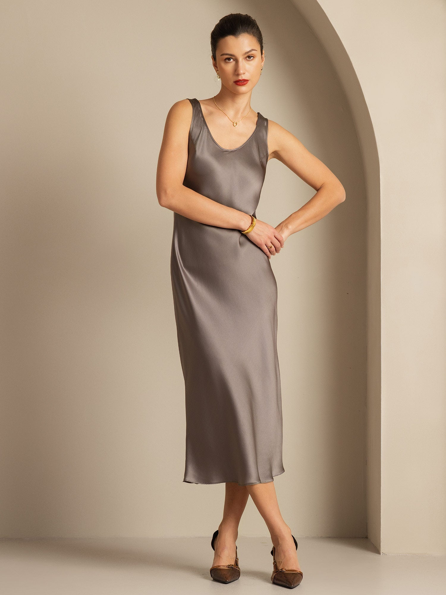 [Mörk Khaki] SilkSilky-SE Rent Silke Dress 003,