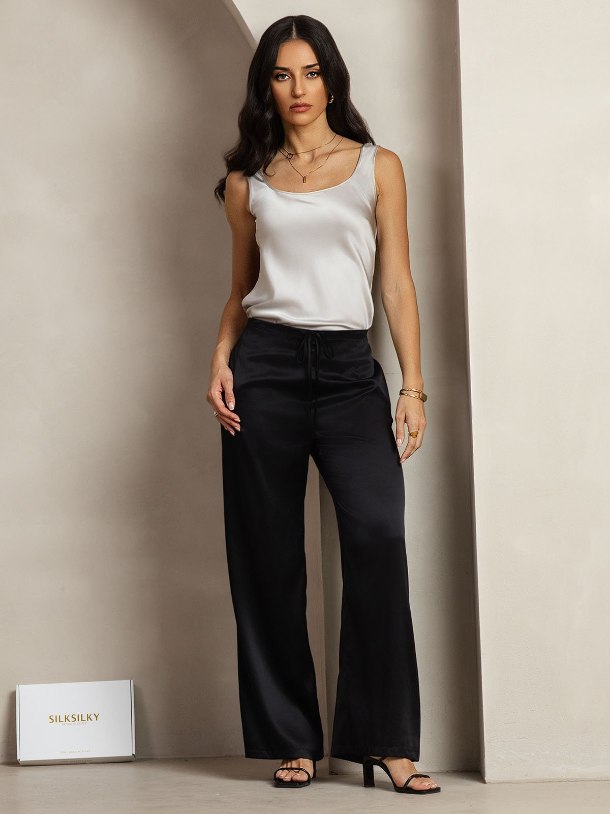 [Svart] SilkSilky-SE 19Momme Silke Womens Pants 001