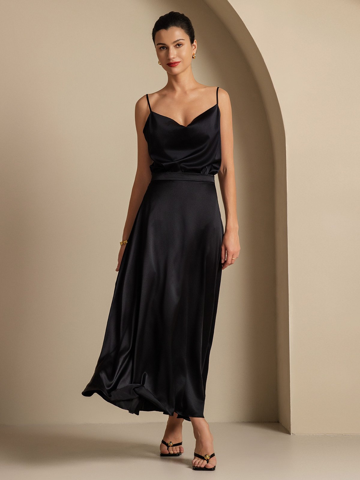 [Svart] SilkSilky-SE 19Momme Damkjol 005