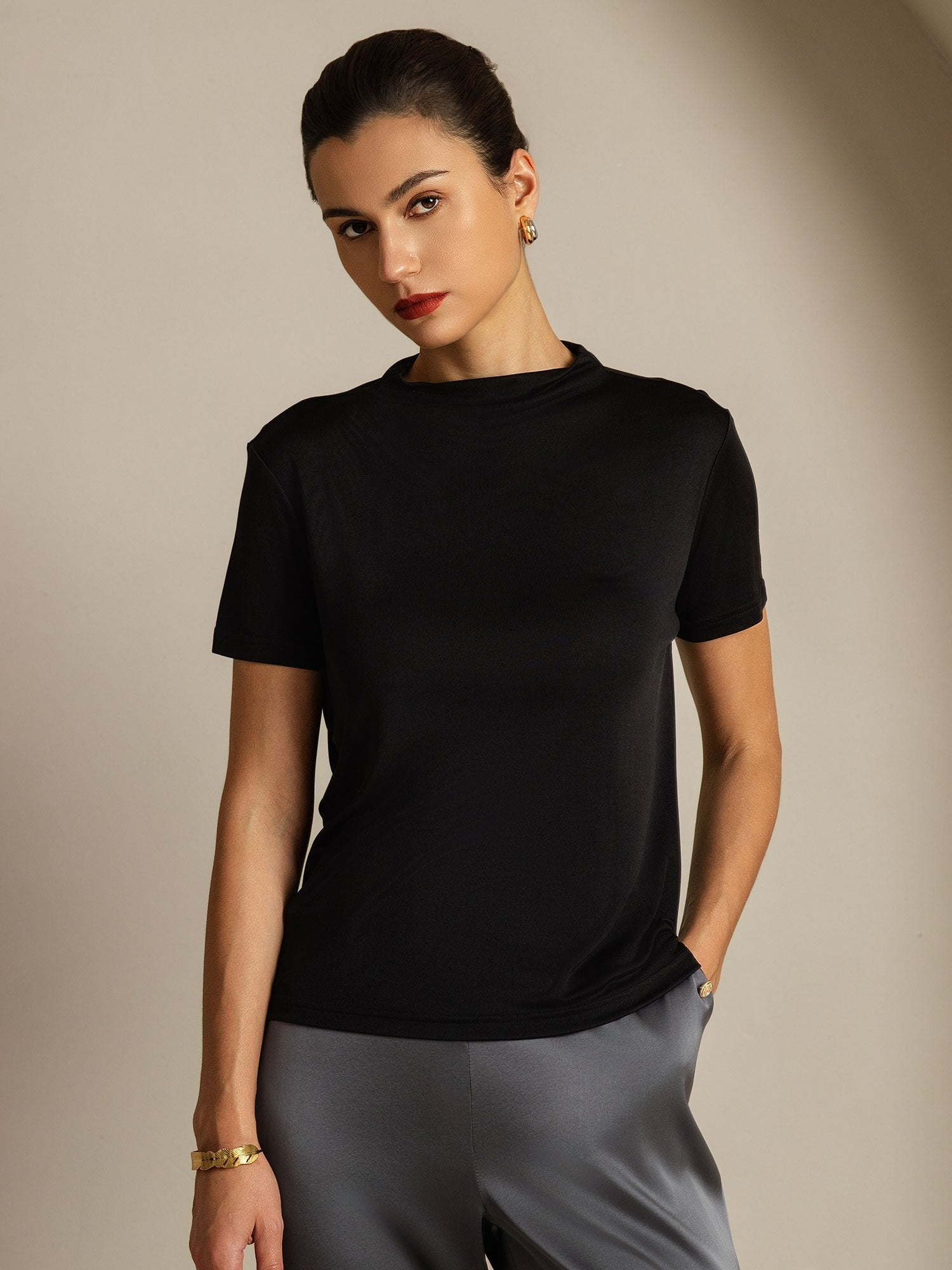 [Svart] SilkSilky-SE Rent Silke Krage Dam T-Shirt 001