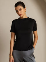 [Svart] SilkSilky-SE 100% Silk Jersey Short Sleeve Mock Neck Dam T-Shirt 001
