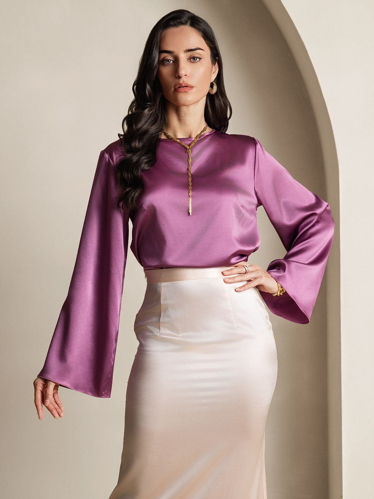 [Mörklila] SilkSilky-SE 19Momme Silke Womens T-Shirt 001,