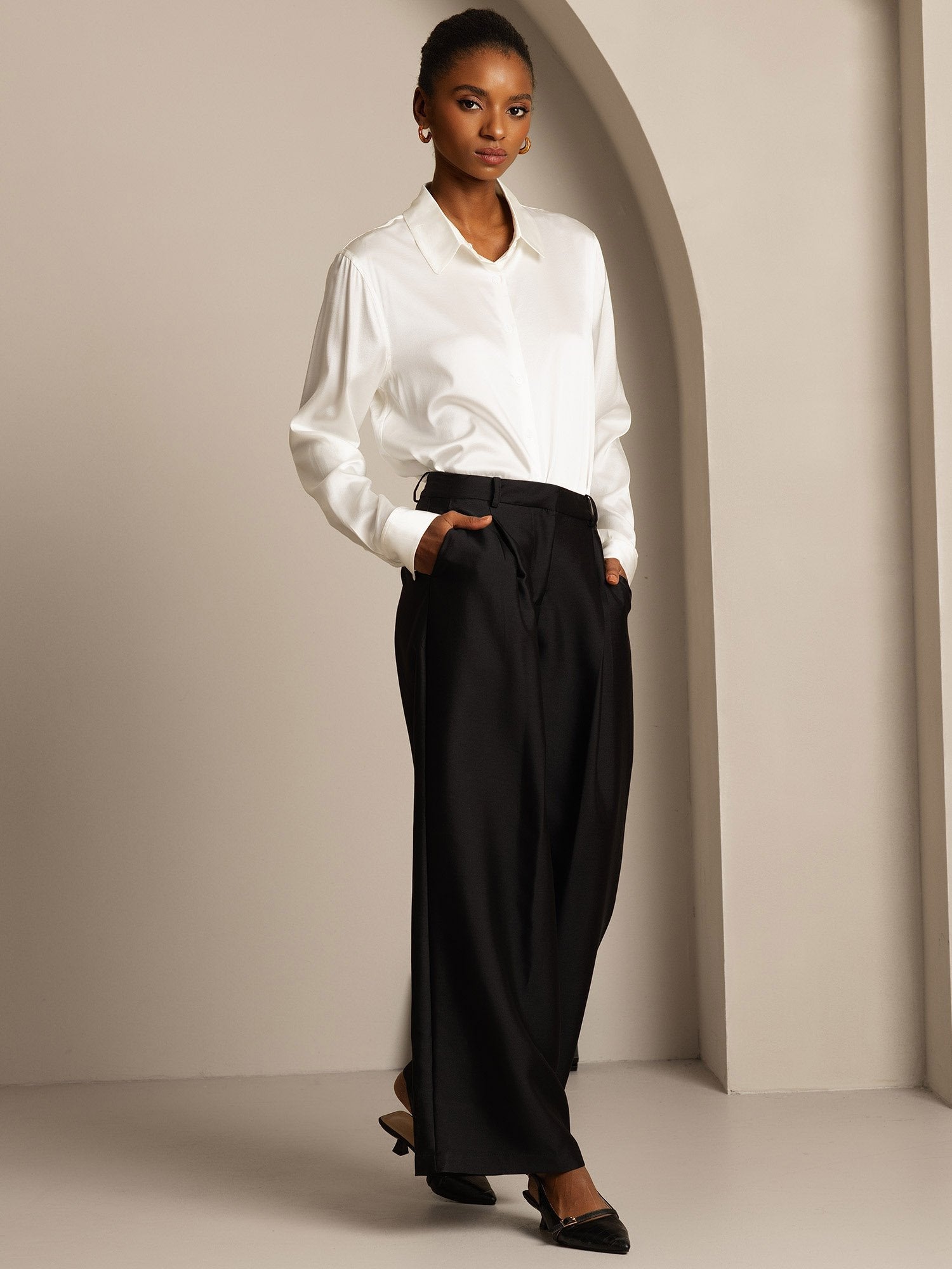 [Svart] SilkSilky-SE 32Momme Silk-Wool Blend Womens Pants 006,