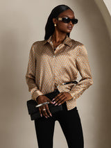 [Floral] SilkSilky-SE Long Sleeve Lapel Collar Damskjorta 004
