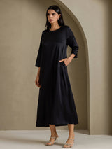 [Svart] SilkSilky-SE 3/4 Sleeve Round Neck Klänning 006