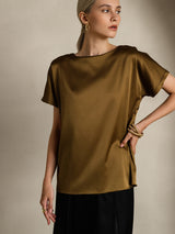 [Brun] SilkSilky-SE 19Momme Kort Ärm Båtringad Dam T-Shirt 005