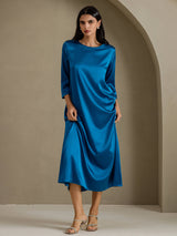 [Kungsblått] SilkSilky-SE 3/4 Sleeve Round Neck Klänning 007