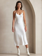 [Vit] SilkSilky-SE Spaghetti Strap V Neck Klänning 004