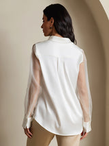 [Vit] SilkSilky-SE 19Momme Silke Krage Damskjorta 002,