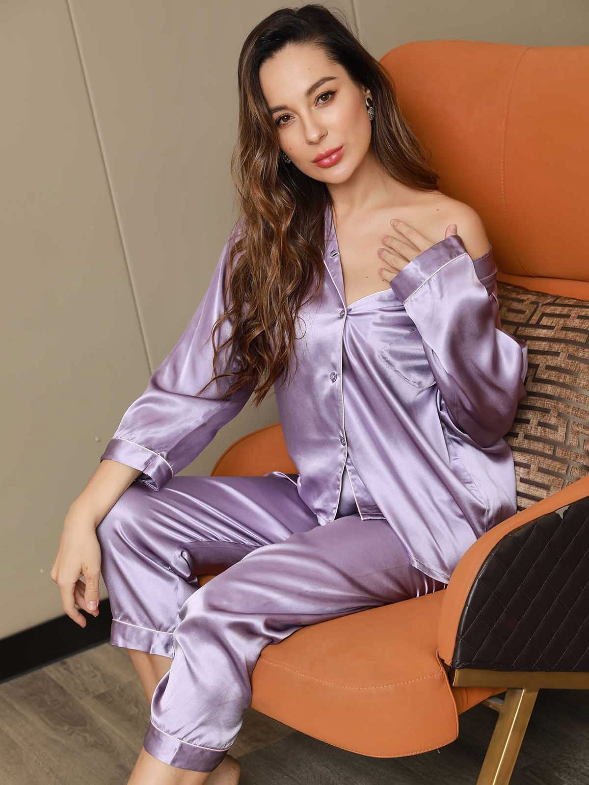 SilkSilky SE Rent Silke Lång Ärm Slag Dam Pyjama Lavendel 001