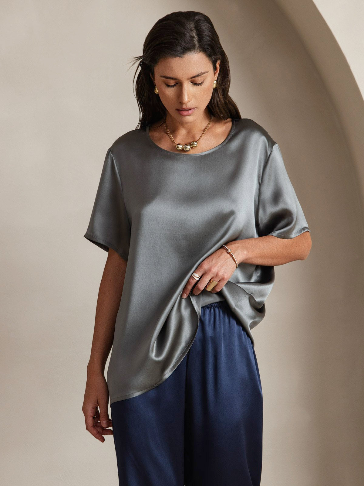 SilkSilky-SE Rent Silke Kort Ärm Womens T-Shirt Mörkgrå 003
