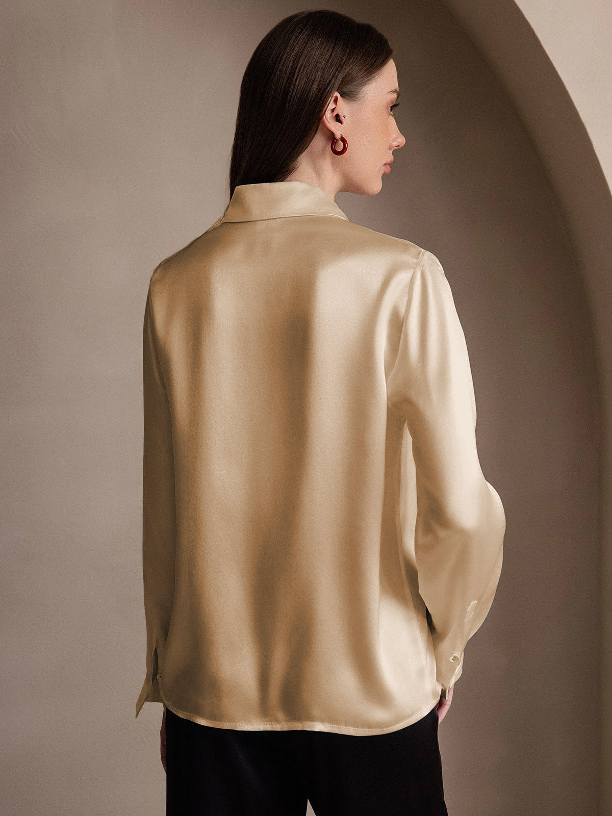 [Champagne] SilkSilky-SE 19Momme Silke Lapel Collar Damskjorta 002