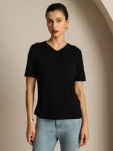 [Svart] SilkSilky-SE Kort Ärm V Ringning Dam T-Shirt 005