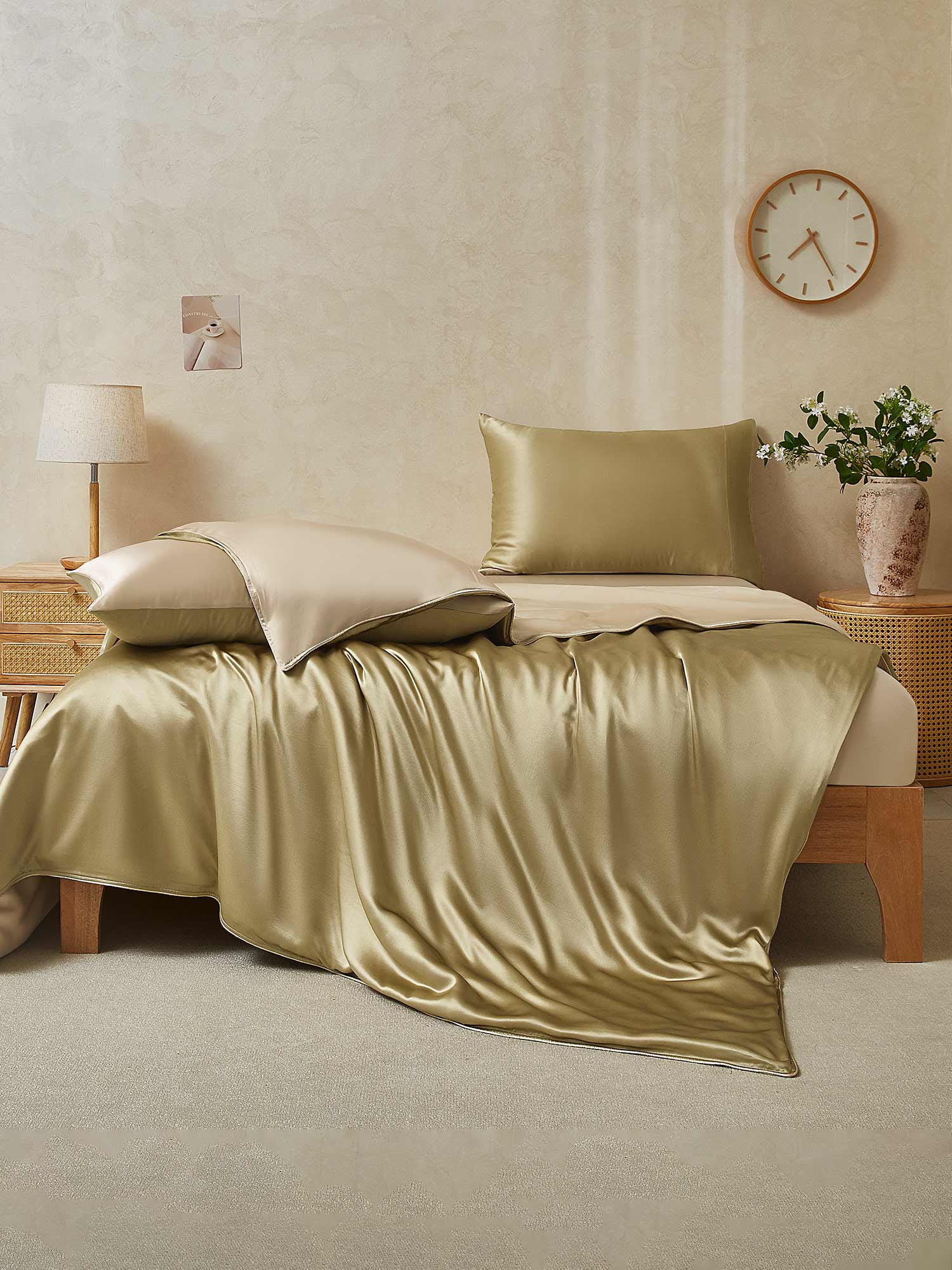 [Beige+Kaki] SilkSilky-SE 19Momme Rent Silke Bedding Set 002,