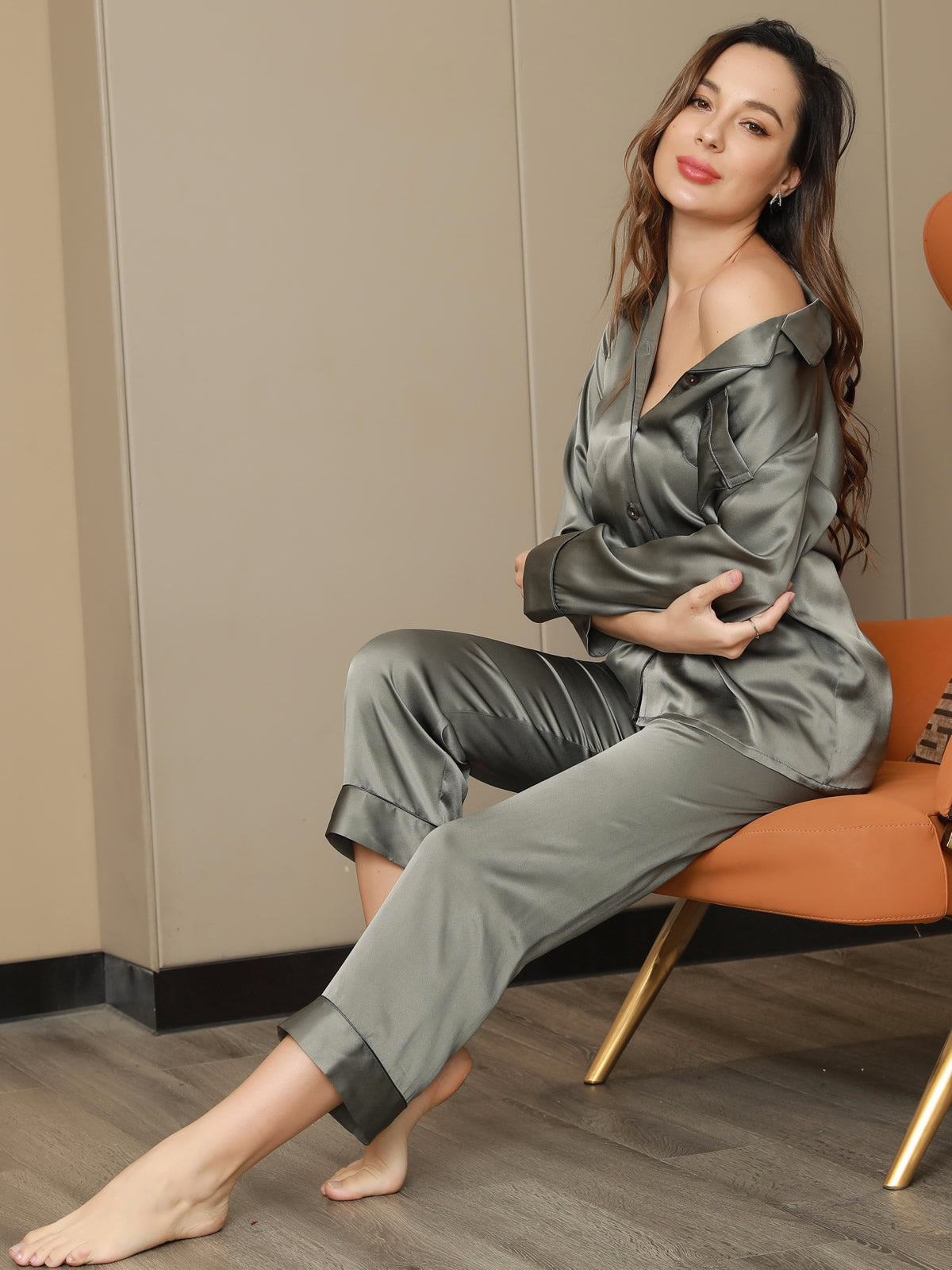 [Grågrön] SilkSilky-SE Rent Silke Lång Ärm Womens Pajamas 001