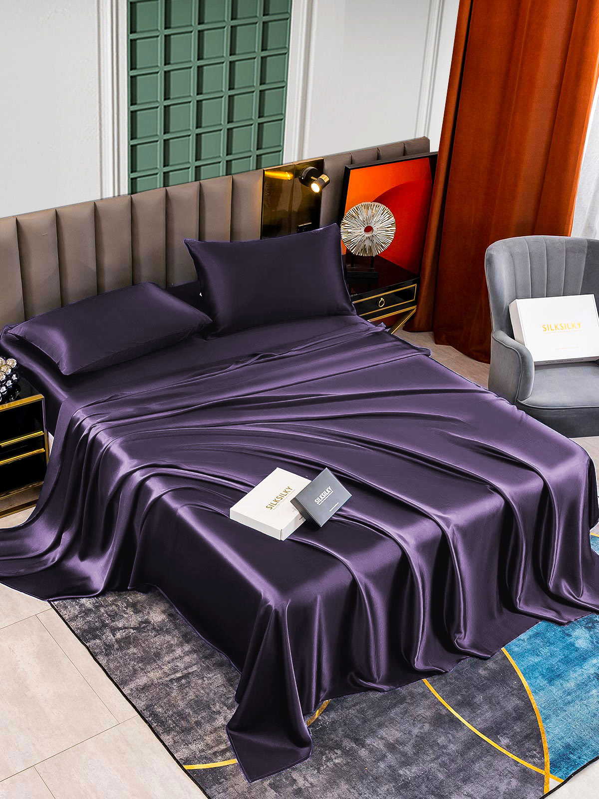 [Mörklila] SilkSilky-SE 22Momme Rent Silke Bedding Set 002,