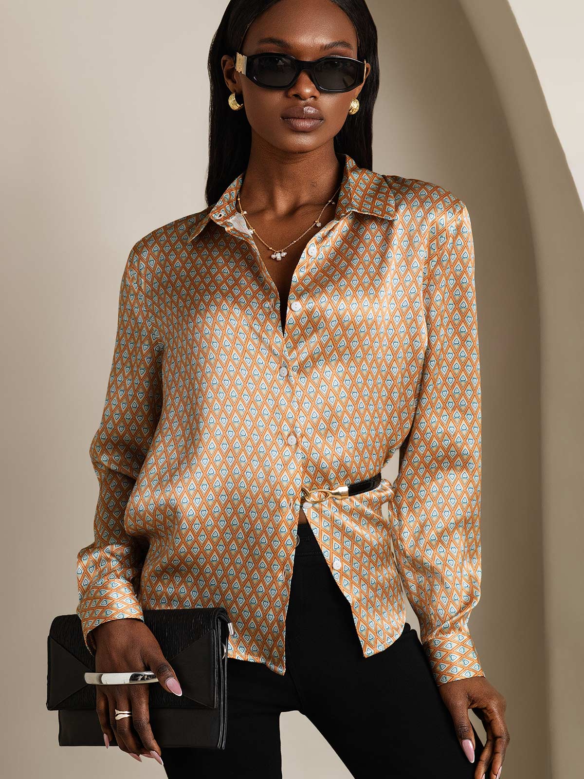 [Floral] SilkSilky-SE Lång Ärm Krage Damskjorta 003