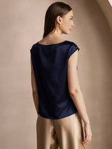 [Mörkblå] SilkSilky-SE Cap Sleeve Cowl Neck Dam T-Shirt 002
