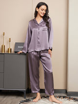 [Lila Grå] SilkSilky-SE Long Sleeve Lapel Collar Dam Pyjama 001