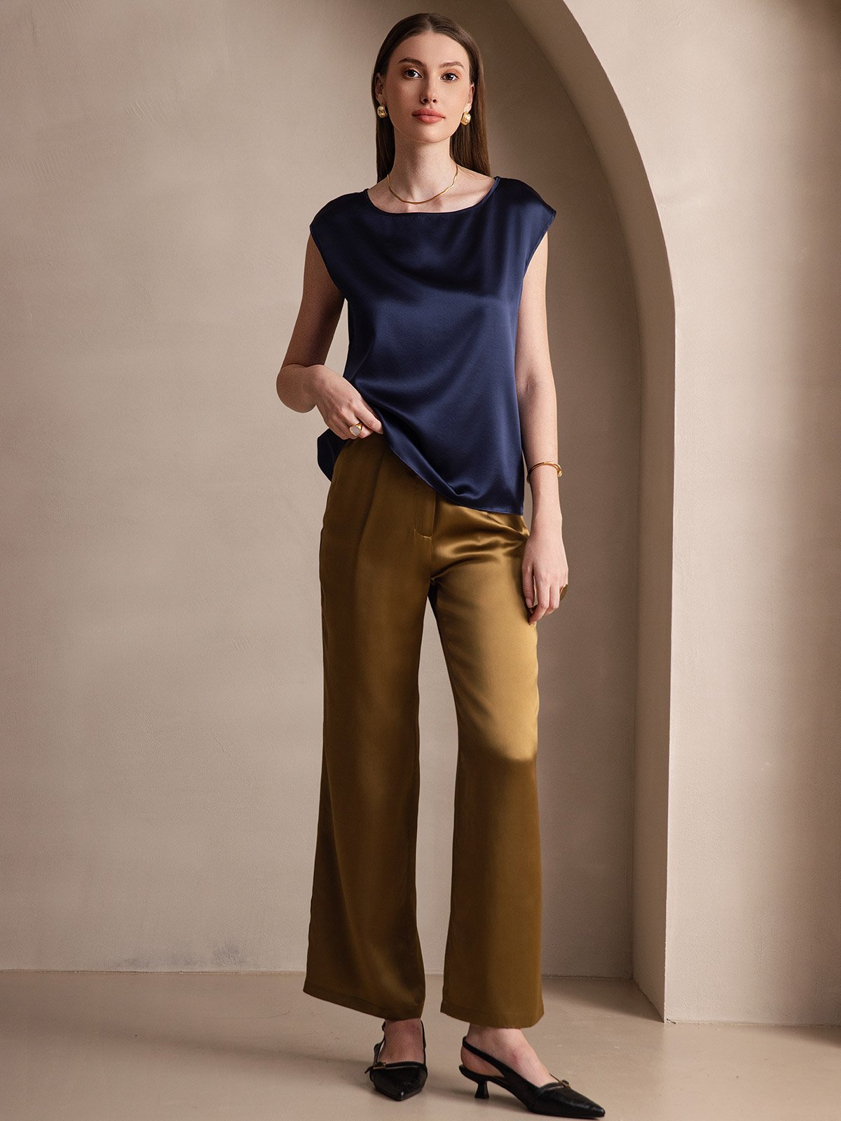 [Mörkblå] SilkSilky-SE 19Momme Silke Womens T-Shirt 005