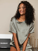 [Grågrön] SilkSilky-SE Kort Ärm Rund Halsringning Dam Pyjama 005