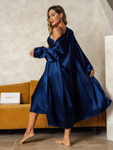 [Mörkblå] SilkSilky-SE Long Sleeve V Neck Dam Nattlinne&Morgonrock Set 002