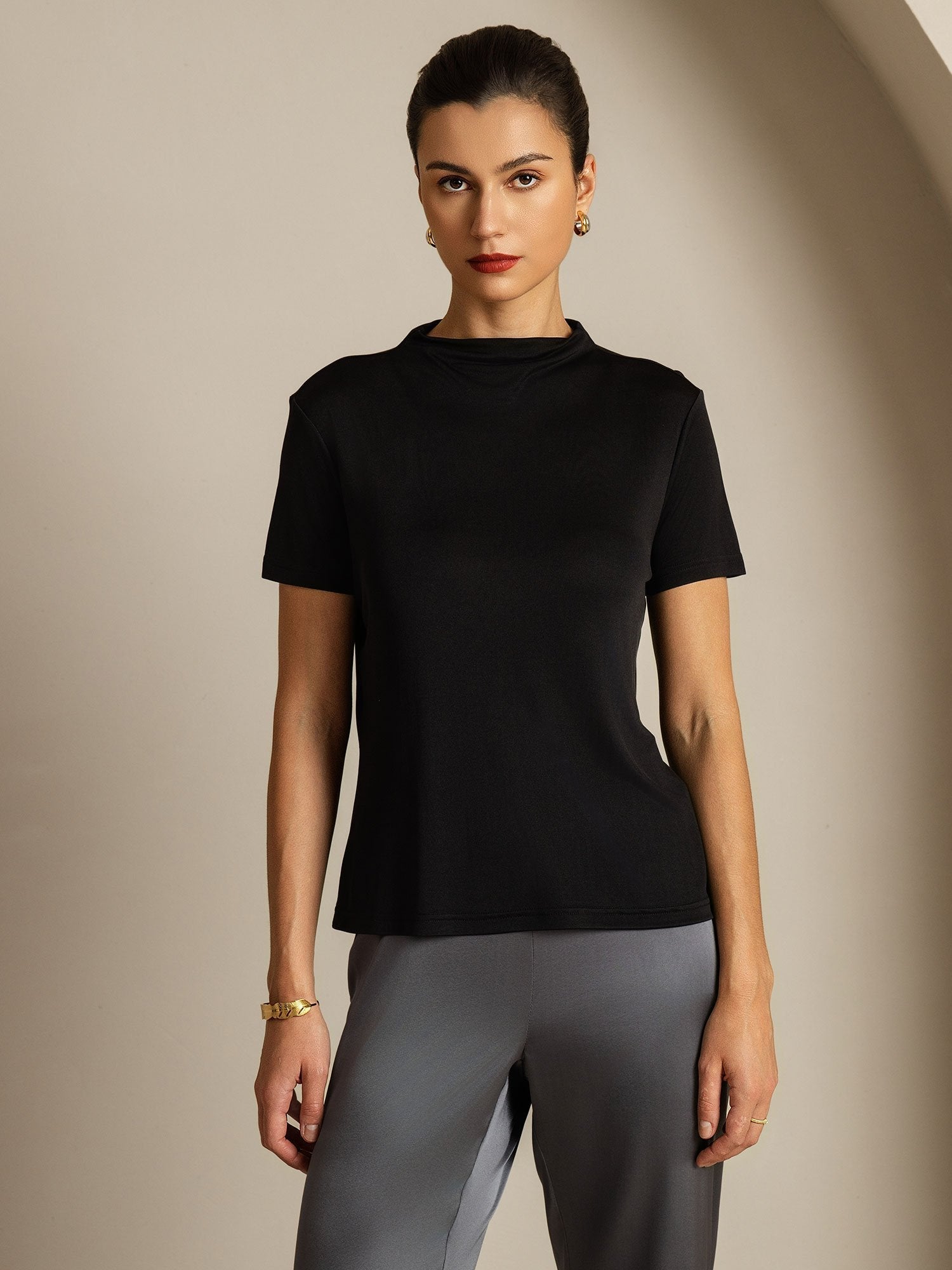 [Svart] SilkSilky-SE Rent Silke Krage Dam T-Shirt 003